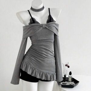 🐰 Never Worn Cute Gray Off-Shoulder Top with Black Lace Details